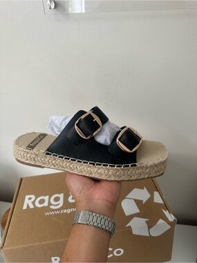 Rag & Co Black Double-Buckle Espadrille Slide